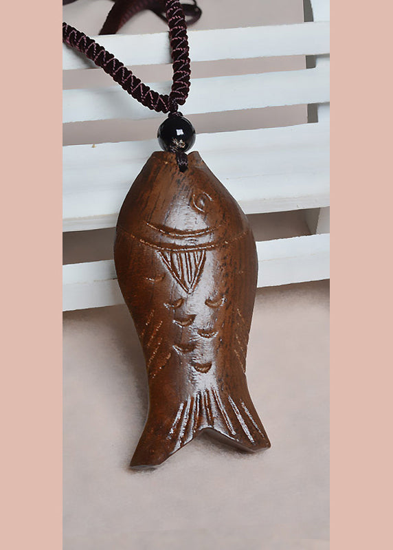 Chic Brown Hand Knitting Woode Fish Peach Wood Pendant Necklace