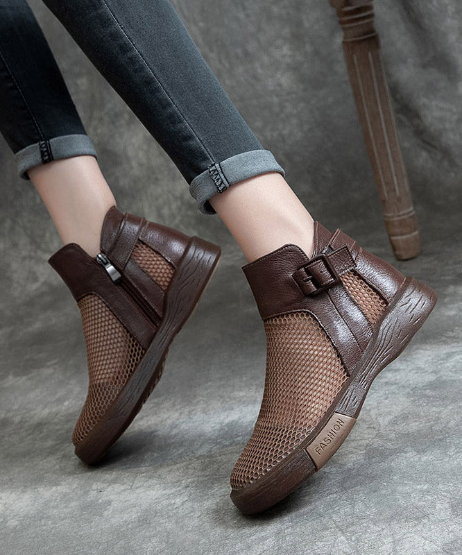 Chic Brown Knit Fabric Hollow Out Splicing Flat Shoes