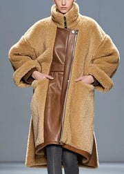 Chic Brown Oversized PU Patchwork Warm Fleece Trench Winter