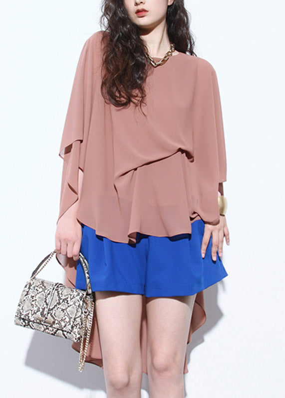 Chic Brown Patchwork Low High Design Chiffon Top Fall