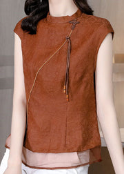 Chic Brown Tasseled Patchwork Jacquard Silk Shirt Sleeveless