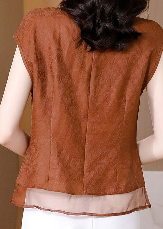 Chic Brown Tasseled Patchwork Jacquard Silk Shirt Sleeveless