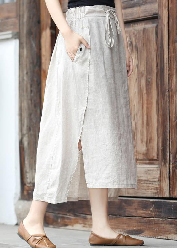 Chic Brown elastic waist tie waist Asymmetrical Pockets Linen Skirt Spring