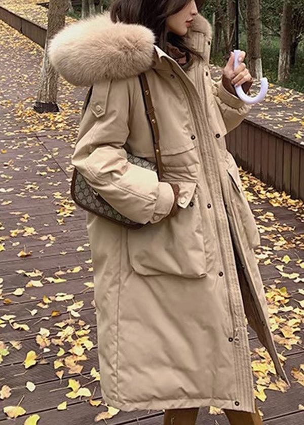 Chic Caramel Hooded Pockets Fur Collar Duck Down Coats Winter