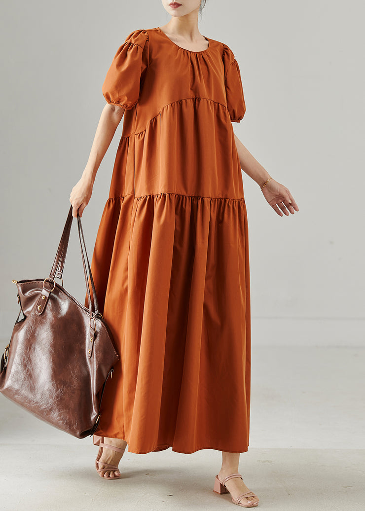 Chic Caramel Oversized Patchwork Cotton Long Dresses Puff Sleeve