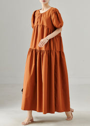 Chic Caramel Oversized Patchwork Cotton Long Dresses Puff Sleeve