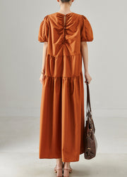 Chic Caramel Oversized Patchwork Cotton Long Dresses Puff Sleeve