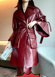 Chic Caramel Tie Waist Pockets Faux Leather Trench Coat Flare Sleeve