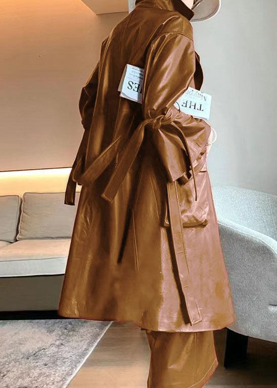 Chic Caramel Tie Waist Pockets Faux Leather Trench Coat Flare Sleeve