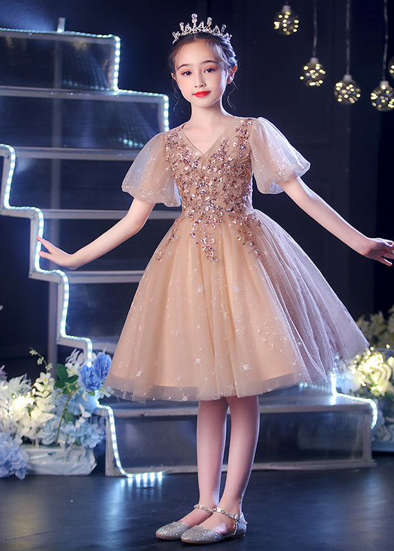 Chic Champagne Puff Sleeve Sequins Tulle Kids Girls Dress Summer