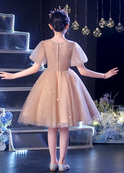 Chic Champagne Puff Sleeve Sequins Tulle Kids Girls Dress Summer