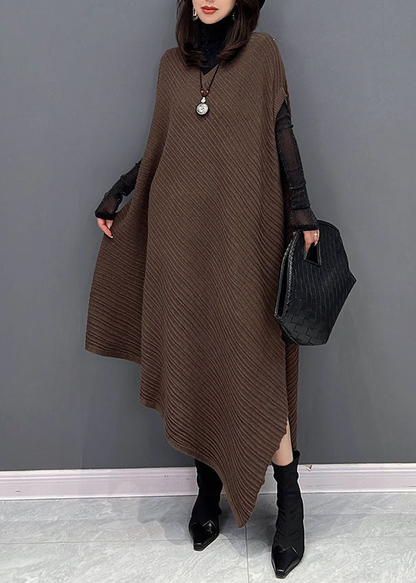 Chic Chocolate Asymmetrical Design Wrinkled Cotton Holiday Dress Fall