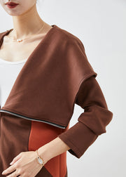 Chic Chocolate Hooded Asymmetrical Patchwork Cotton Coat Fall