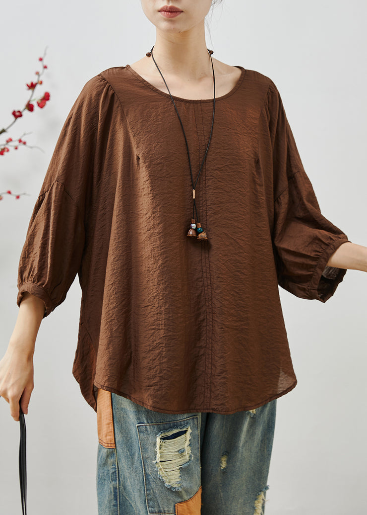 Chic Chocolate Ruffles Cotton Loose Tops Batwing Sleeve