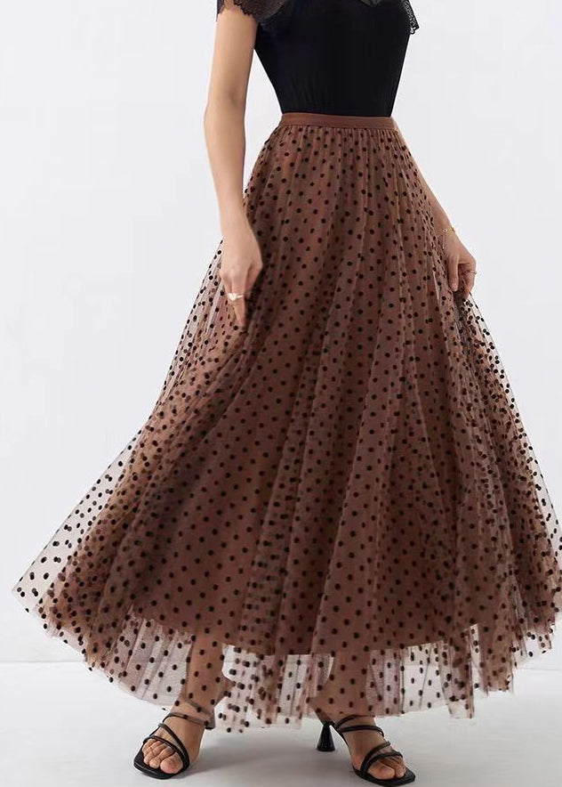 Chic Coffee Dot Wrinkled High Waist Tulle Skirt Spring