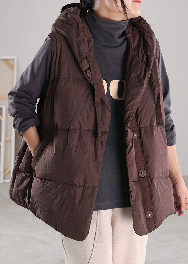 Chic Coffee Drawstring Duck Down Hooded Waistcoat Winter