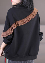 Chic Coffee O-Neck Ruffled Patchwork Cotton Sweatshirts Fall