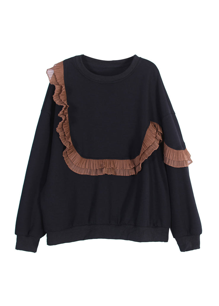 Chic Coffee O-Neck Ruffled Patchwork Cotton Sweatshirts Fall