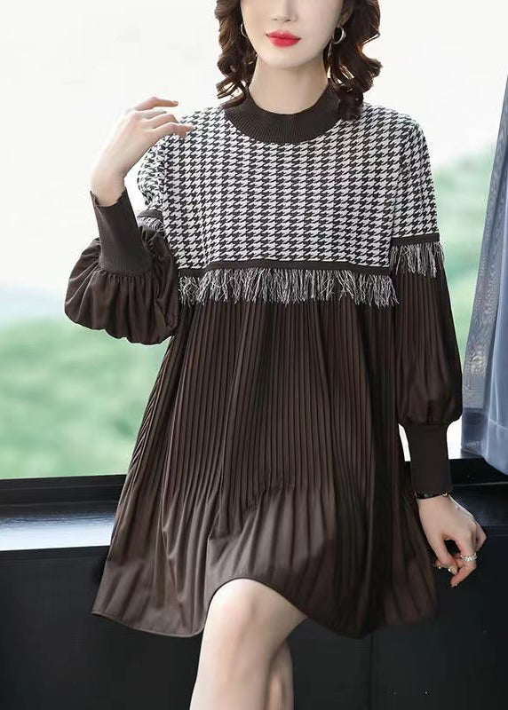 Chic Coffee O-Neck Tasseled Wrinkled Patchwork Cotton Mid Dress Lantern Sleeve