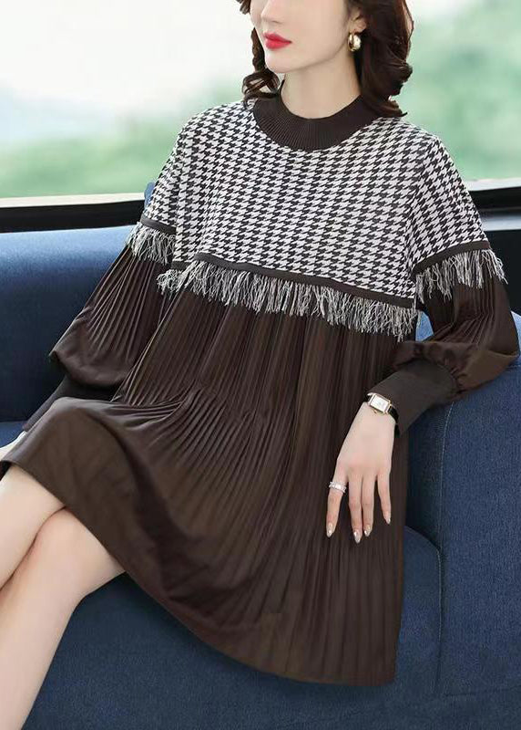 Chic Coffee O-Neck Tasseled Wrinkled Patchwork Cotton Mid Dress Lantern Sleeve