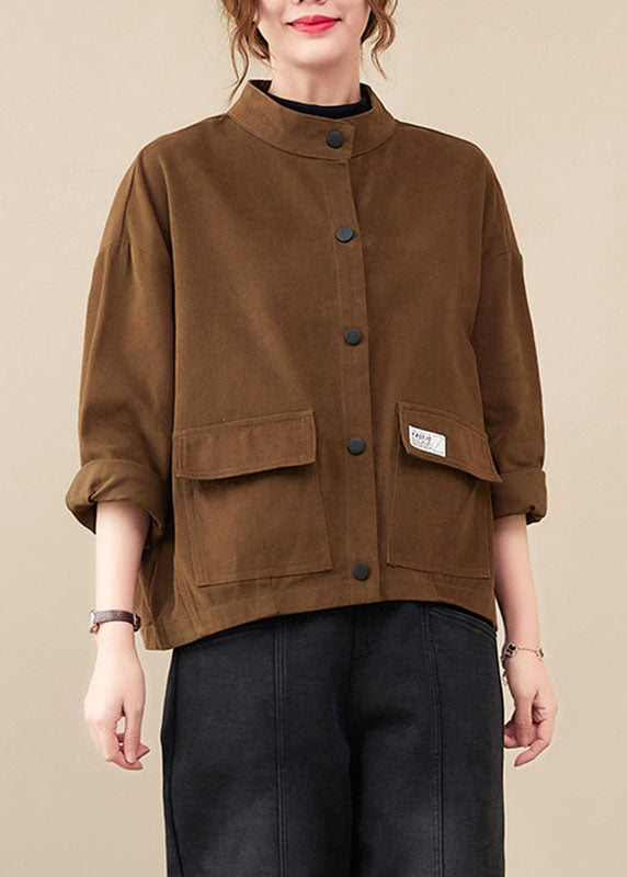 Chic Coffee Pockets Patchwork Button Coats Fall