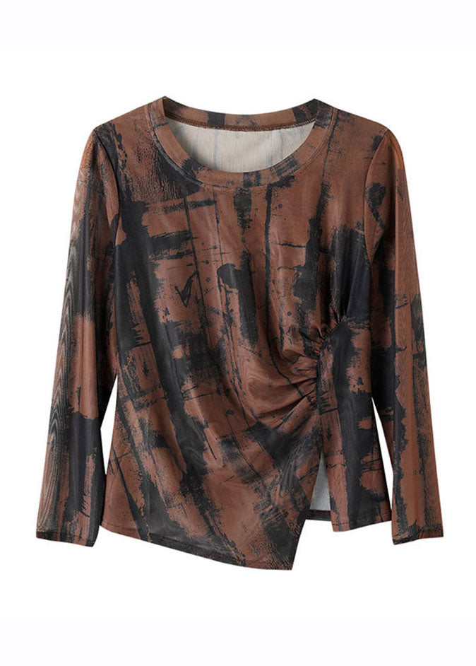 Chic Coffee Print Asymmetrical Wrinkled Top Long Sleeve