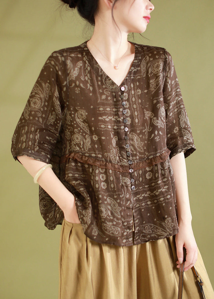 Chic Coffee Print Ruffled Patchwork Linen Shirts Summer