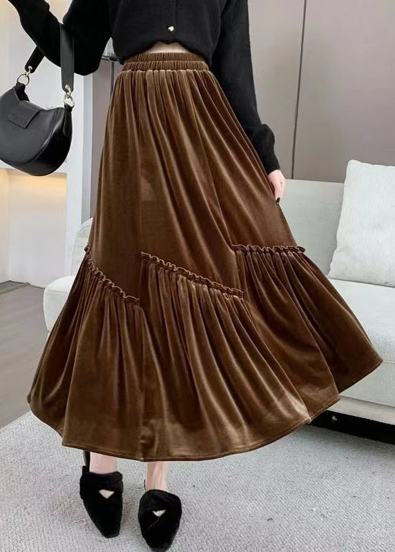 Chic Coffee Ruffled Patchwork Elastic Waist Velour Skirt Spring