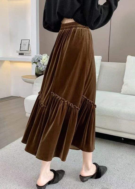 Chic Coffee Ruffled Patchwork Elastic Waist Velour Skirt Spring