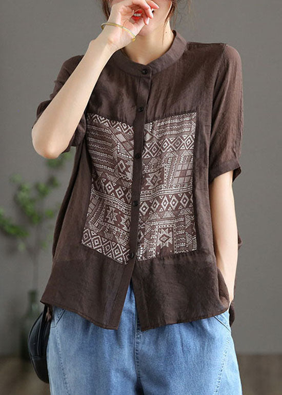 Chic Coffee Stand Collar Print Patchwork Cotton Top Short Sleeve