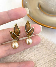 Chic Coffee Sterling Silver Alloy Pearl Leaf Stud Earrings