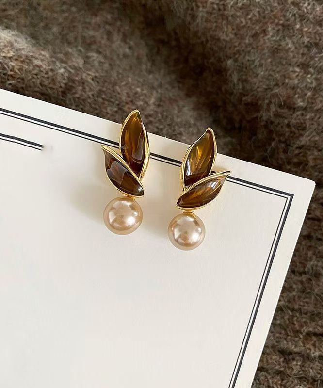 Chic Coffee Sterling Silver Alloy Pearl Leaf Stud Earrings