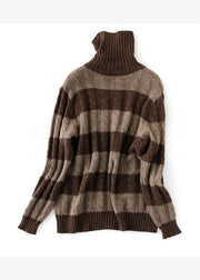 Chic Coffee Striped Hign Neck Thick Patchwork Knit Short Sweater Fall