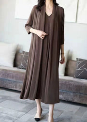 Chic Coffee V Neck Patchwork False Two Pieces Silk Long Dress Spring