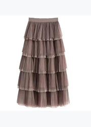 Chic Coffee Wrinkled Layered Elastic Waist Tulle Skirt Spring