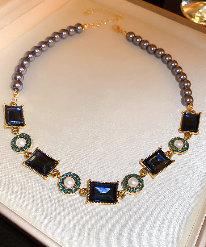 Chic Colorblock Alloy Pearl Zircon Collar Necklace