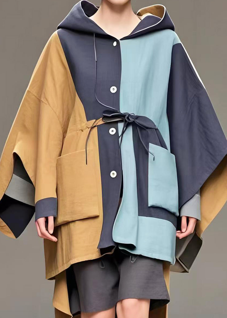 Chic Colorblock Asymmetrical Patchwork Cotton Hooded Trench Spring