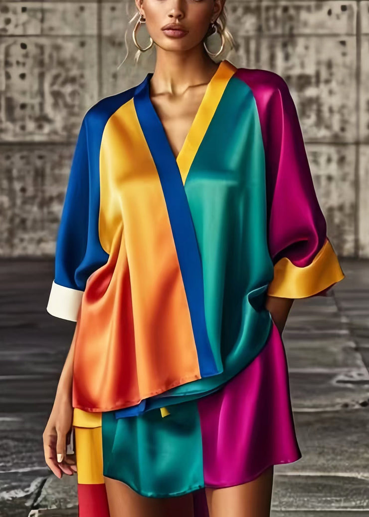 Chic Colorblock Asymmetrical Patchwork Low High Design Silk Dress Summer