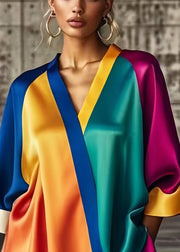 Chic Colorblock Asymmetrical Patchwork Low High Design Silk Dress Summer