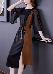 Chic Colorblock O-Neck Cinched Patchwork Side Open Silk Holiday Dress Summer