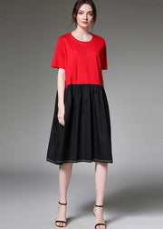 Chic Colorblock O Neck Patchwork Cotton Dress Half Sleeve