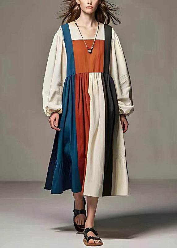 Chic Colorblock Oversized Patchwork Cotton Dresses Fall