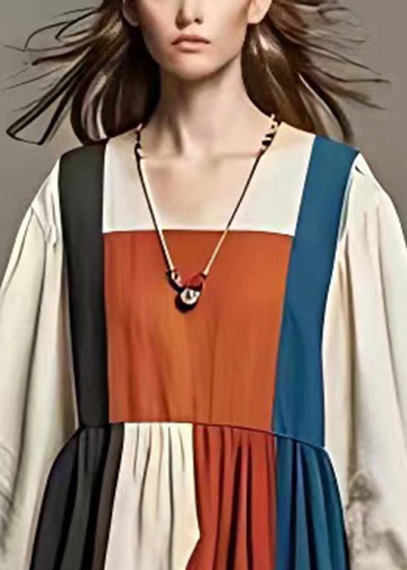 Chic Colorblock Oversized Patchwork Cotton Dresses Fall