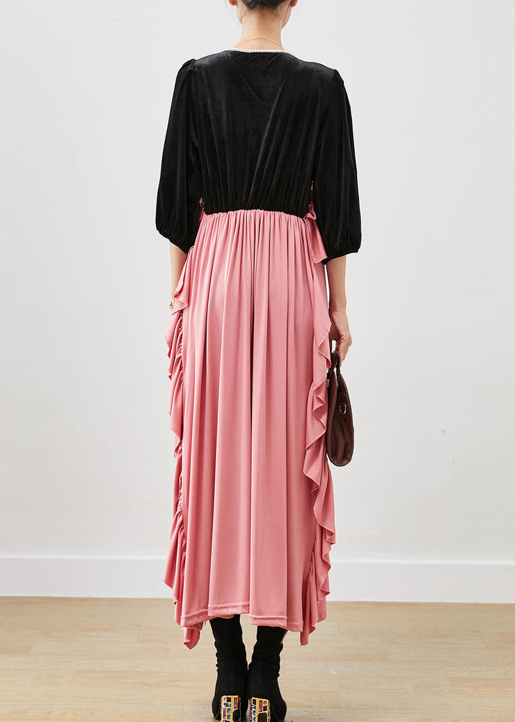 Chic Colorblock Ruffled Patchwork Silk Velour Long Dress Fall