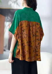 Chic Colorblock Stand Collar Tasseled Print Patchwork Silk Shirts Tops Summer