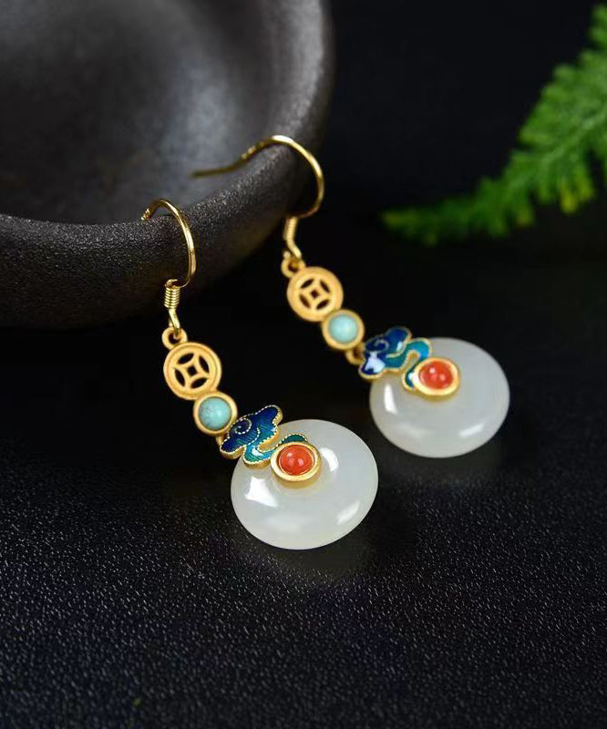 Chic Colorblock Sterling Silver Overgild Jade Agate Turquoise Enamel Xiangyun Drop Earrings