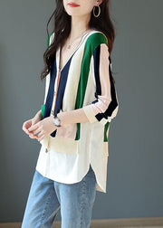 Chic Colorblock V Neck Patchwork Striped Knit Cardigans Spring