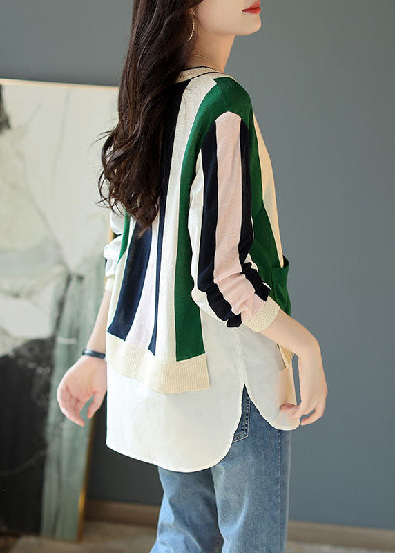 Chic Colorblock V Neck Patchwork Striped Knit Cardigans Spring