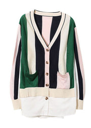 Chic Colorblock V Neck Patchwork Striped Knit Cardigans Spring