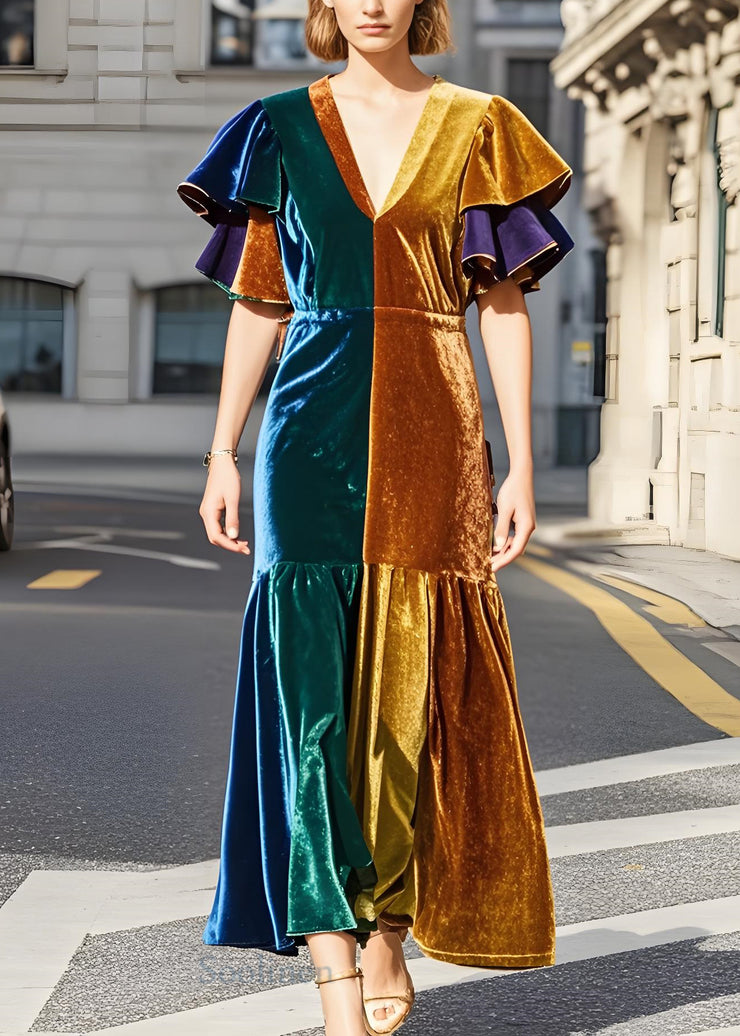 Chic Colorblock V Neck Patchwork Velvet Dress Butterfly Sleeve